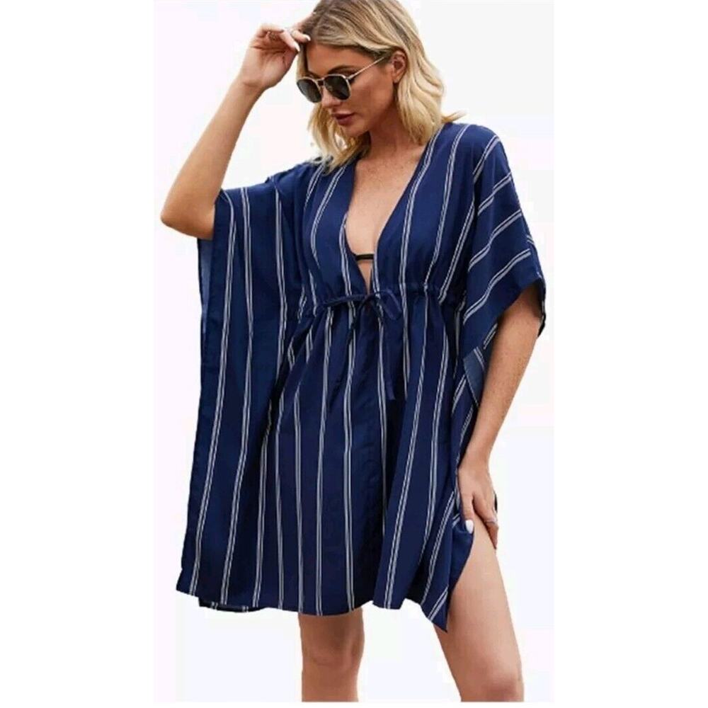 ADOME Medium Swimwear Coverup Oversized Striped Navy Beachwear